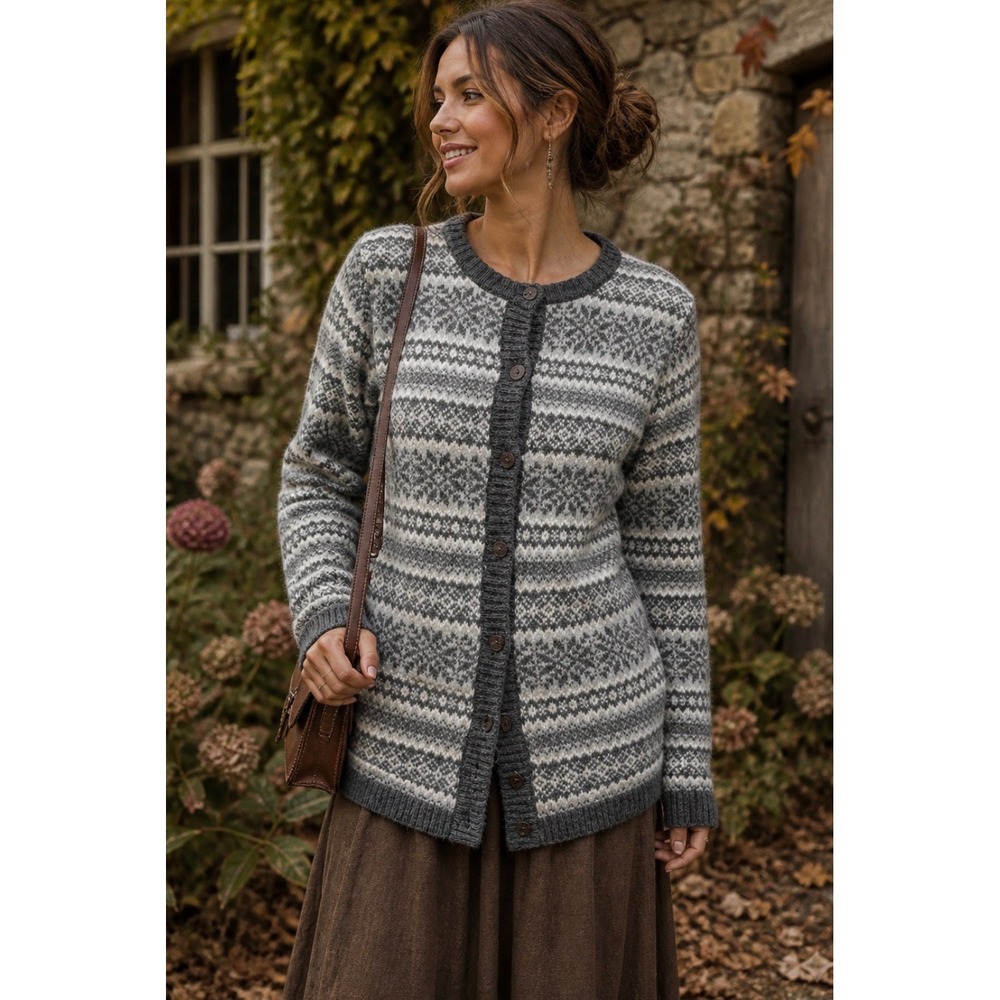 Icewear Icelandic Cardigan Sweater Scandi Fair Isle Nordic Gray‎ Wool Angora S
